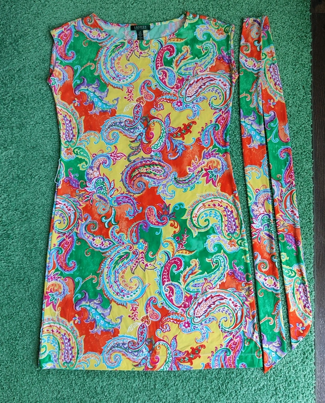 LAUREN RALPH LAUREN SZ L/G Bright Colors Belted Stretchy Sheath Jersey Dress