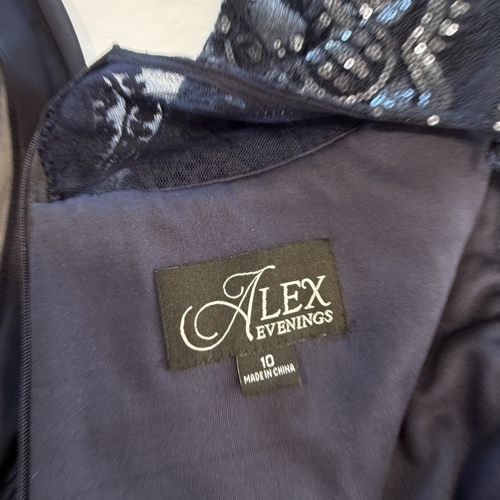 Alex Evenings Navy Blue Sequin Draped Short Sleeve Maxi Dress Size 10 Wedding