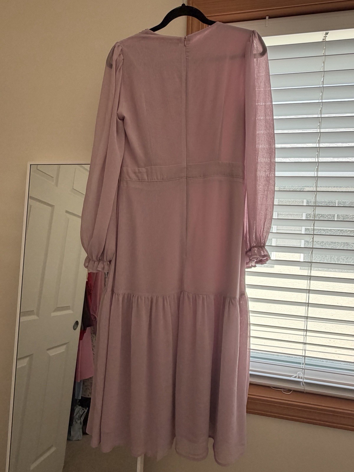 Pink Chiffon Pleated Ruffle Midi Dress M Long Balloon Sleeve Crew Neck Zip