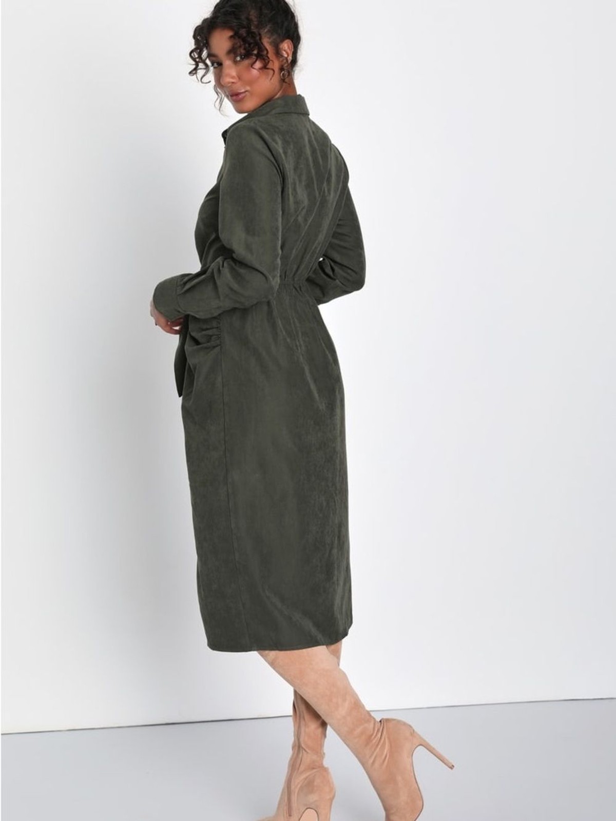 Lulus Autumnal Views Olive Green Suede Button-Up Tie-Front Midi Dress SizeXS NWT