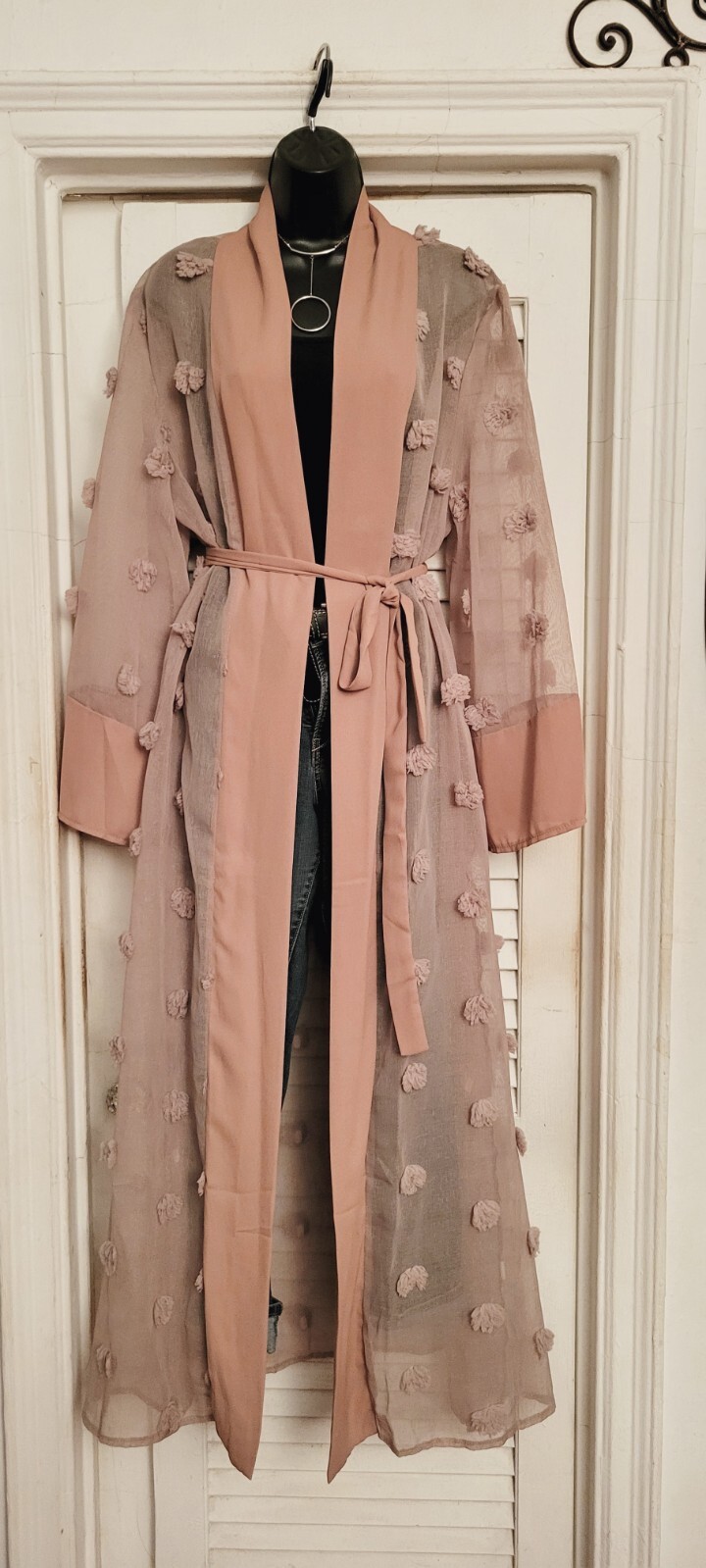 Chic Brownish Beige Loose Long Sleeve Sheer Applique Solid Border Maxi Duster L