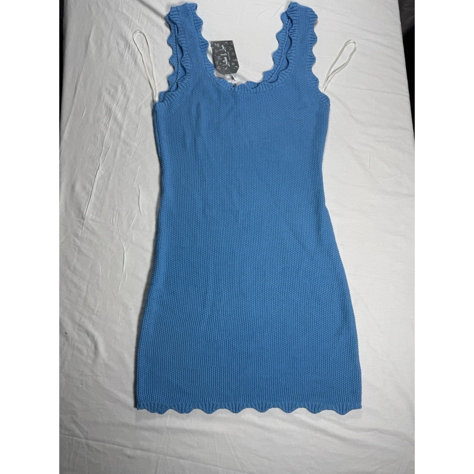 Double Zero Knit Mini Dress Womens Medium Blue NEW Scalloped Sleeveless DZ25A938