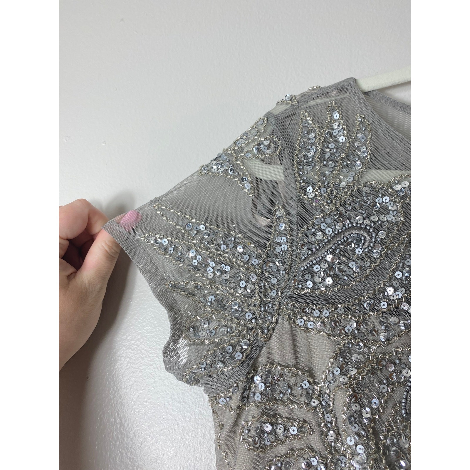 ADRIANNA PAPELL DRESS 14 SILVER SEQUIN BEADED WEDDING GUEST COCKTAIL PARTY SHORT