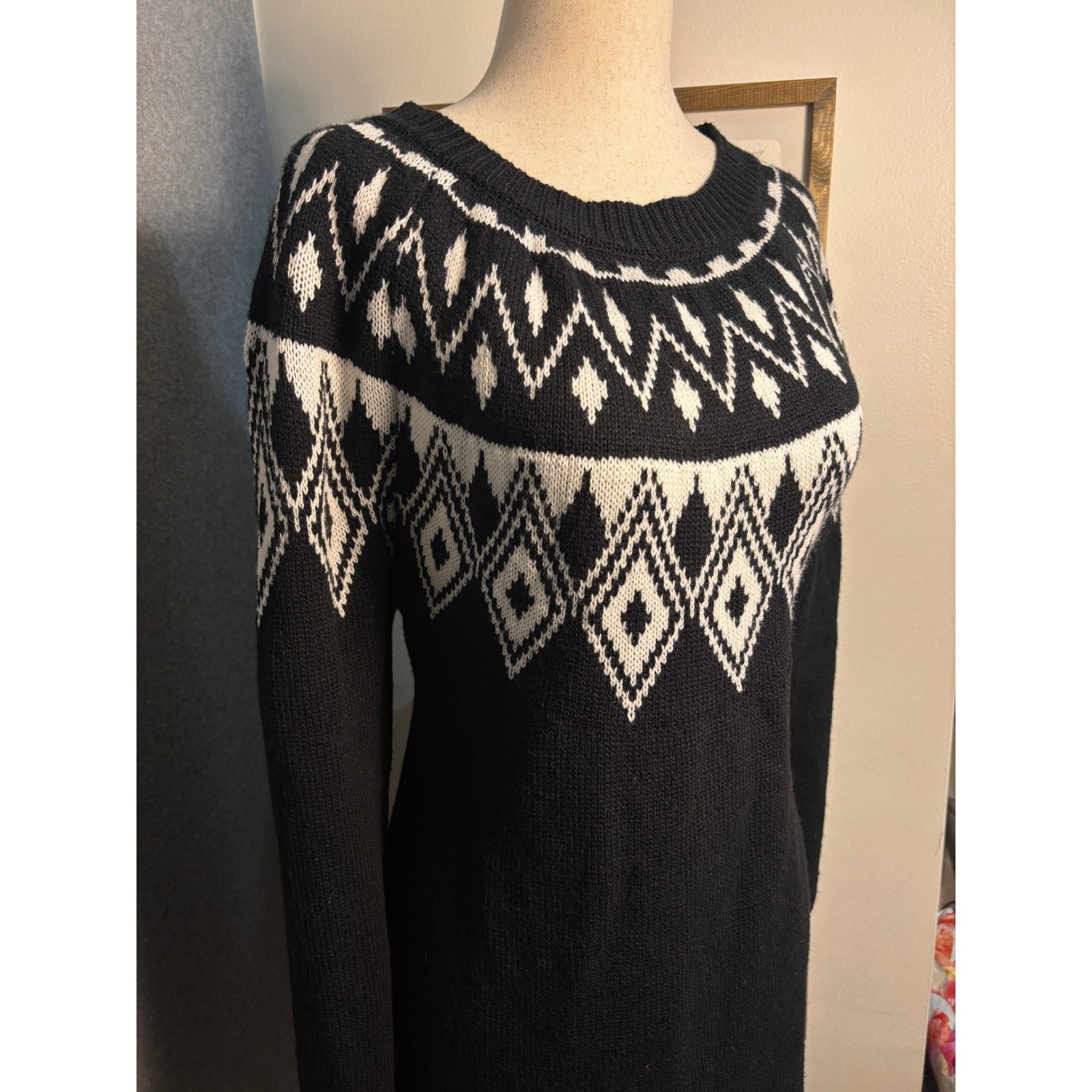 Harper Heritage Black White Fair Isle Sweater Dress Nordic Knit Winter NWT Large