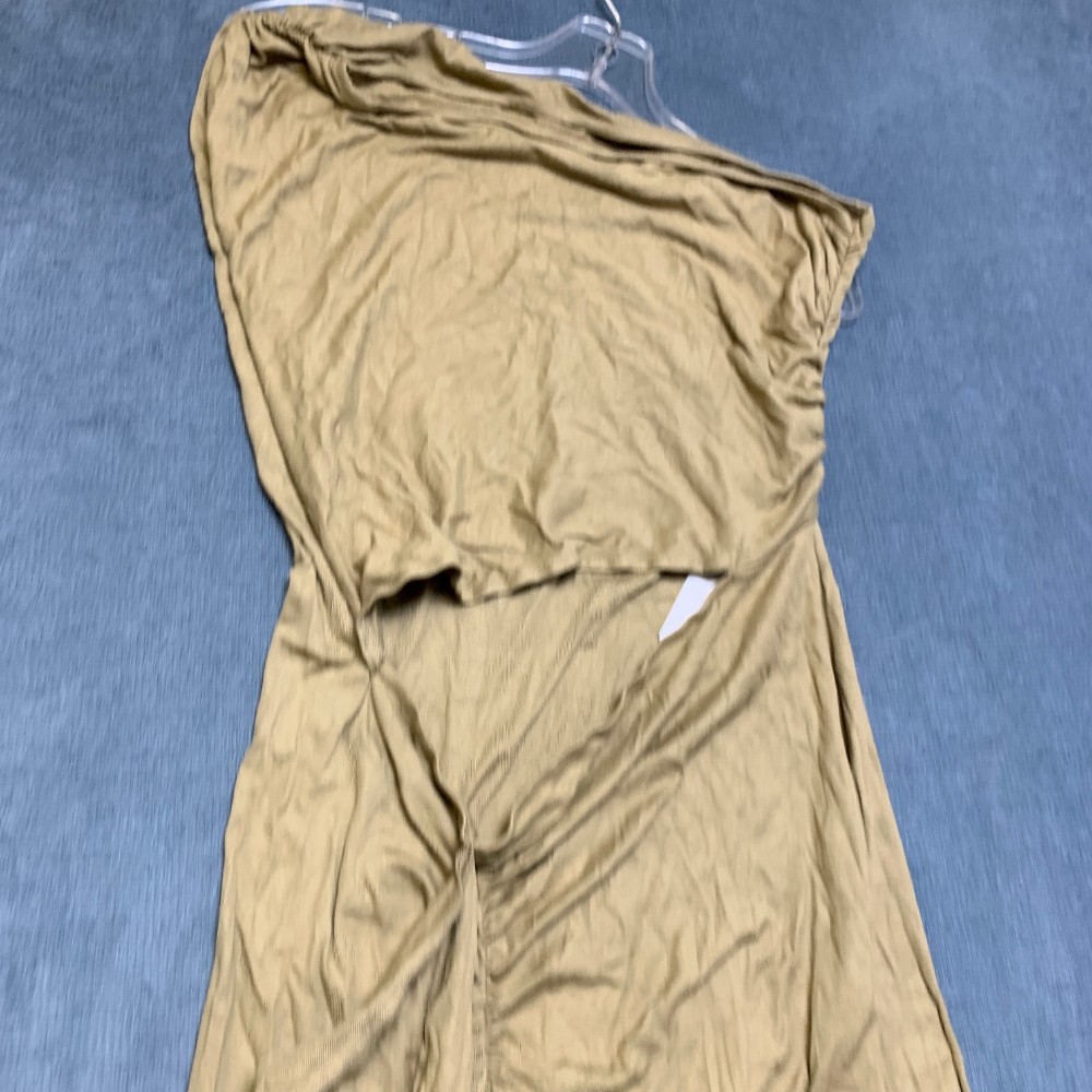 Micas Ruched Bodycon Dress Womens Large Khaki Asymmetric One Shoulder Front Slit