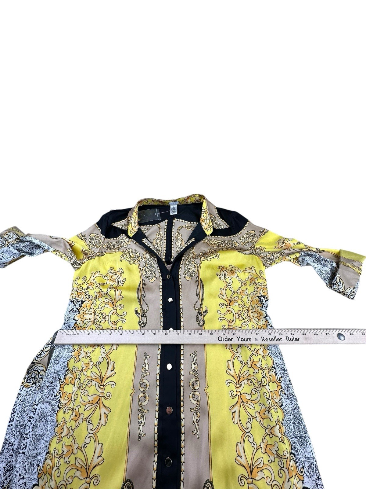Cache Baroque Scarf Print Button Front Shirt Dress Tunic Yellow Black Belted 14