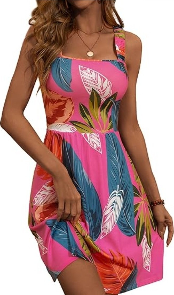 HUHOT Pink Tropical Floral Strappy Square Neck Mini Sundress Polyester Jersey S