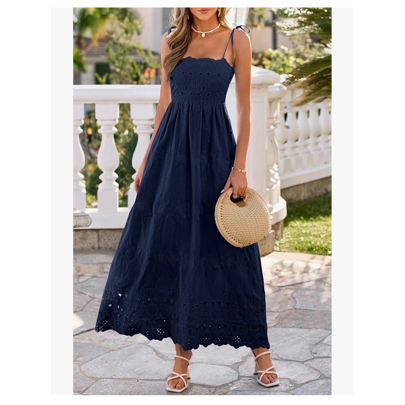 Navy Blue Eyelet Cotton Maxi Dress Tie Shoulder Boho Navy Small Smocked Flounce