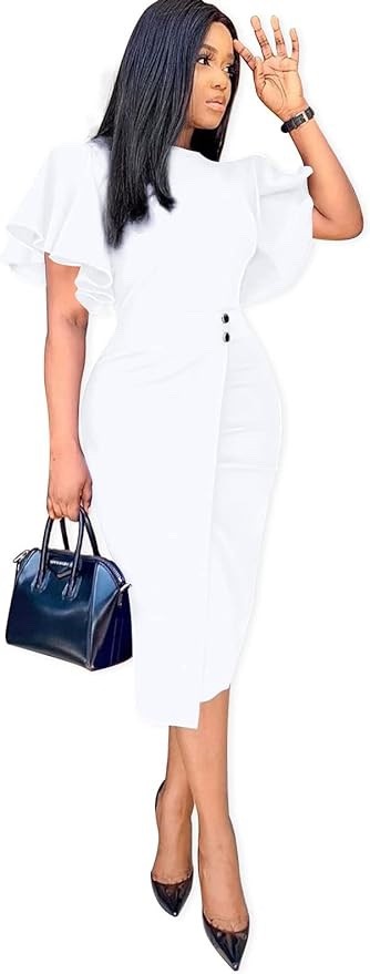 Ekaliy Women’s Ruffle Sleeve Bodycon Peplum Business Formal Work Pencil LARGE
