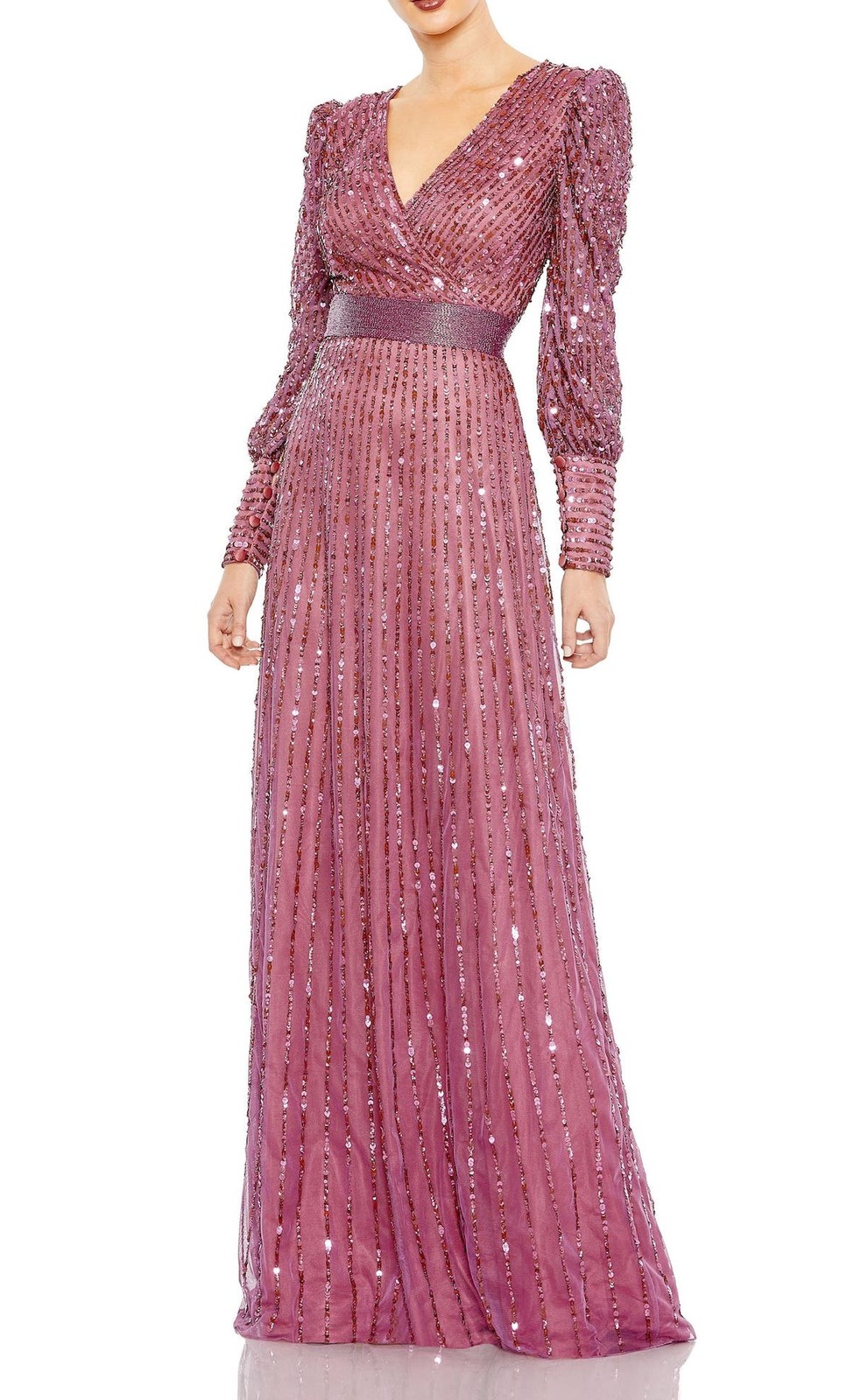 Mac Duggal 5720 Sequined Wrap Over Bishop Sleeve Gown SZ 12 ($598) Mauve