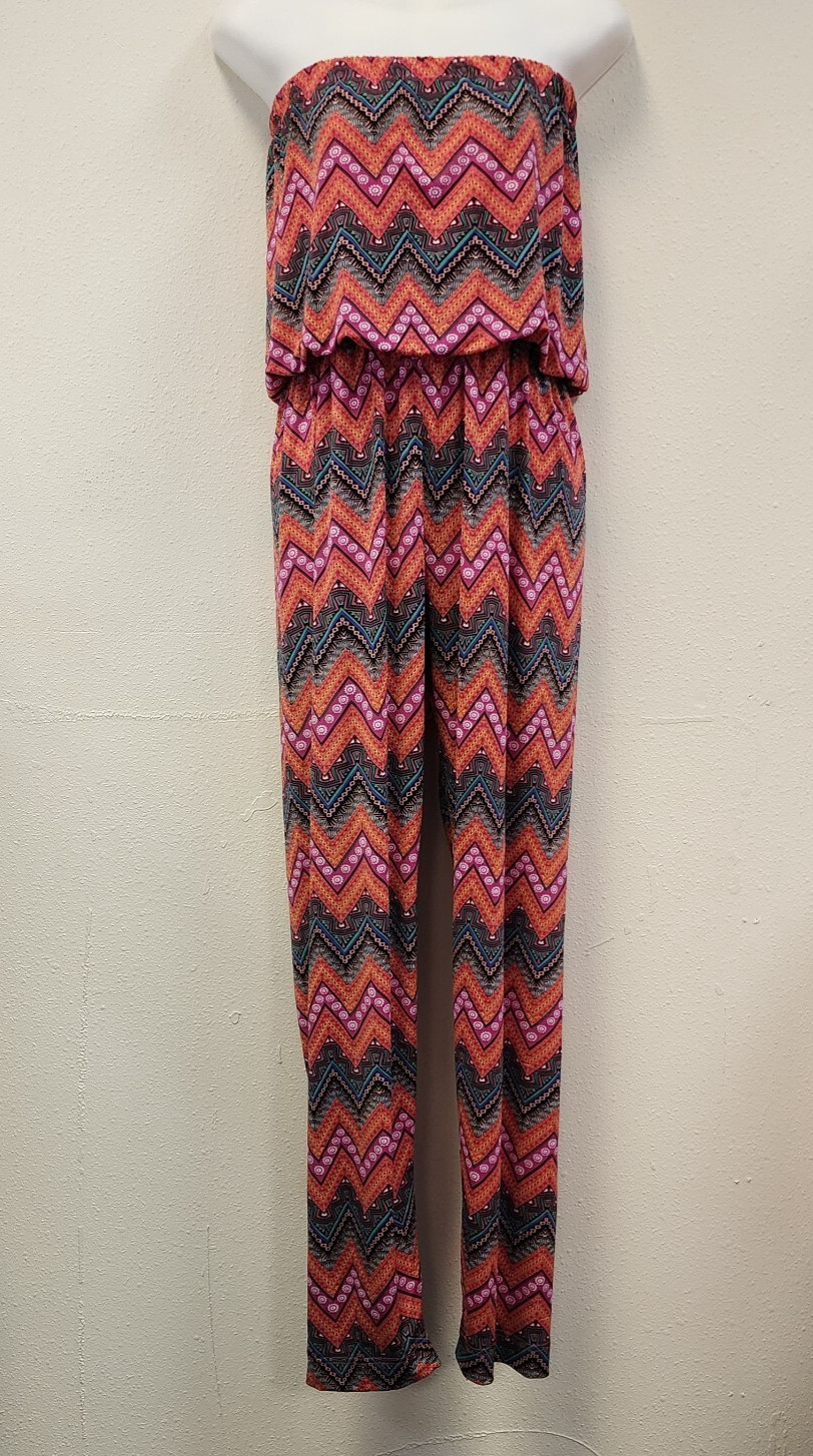 Bobbie Brooks Strapless Pants Jumper Suit L Colorful Boho Summer Flowy Coastal