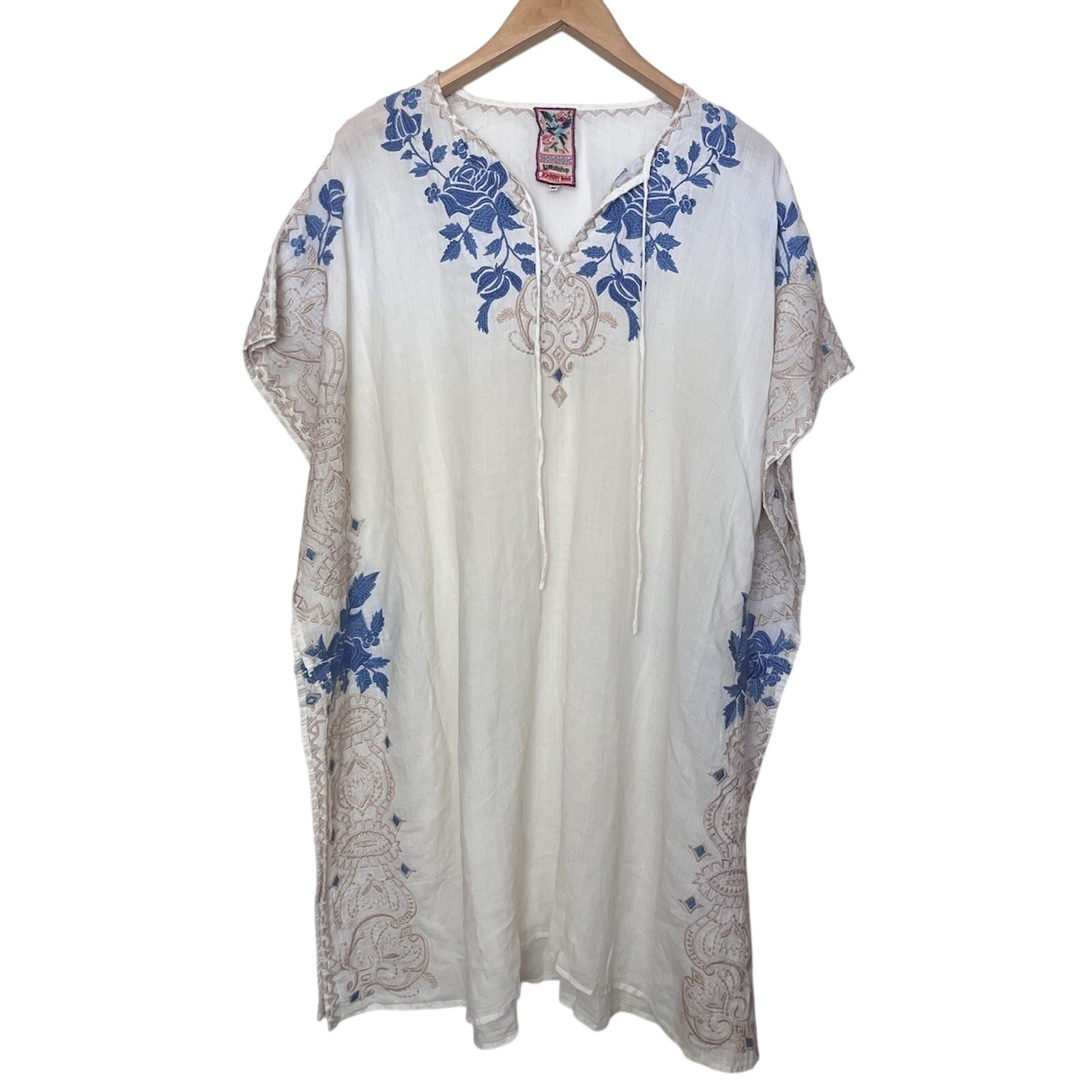 Johnny Was 3J Workshop White Blue Beige Embroidered Kaftan Dress Size Medium