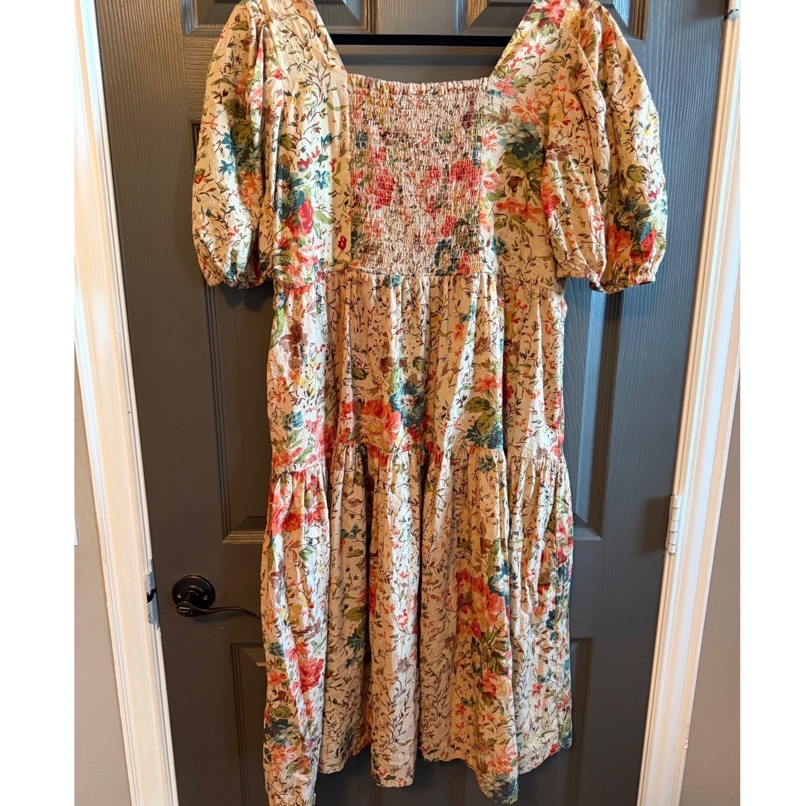 Uncle Frank Floral Eyelet Tiered Midi Dress Puff Sleeve Boho Cottagecore Medium