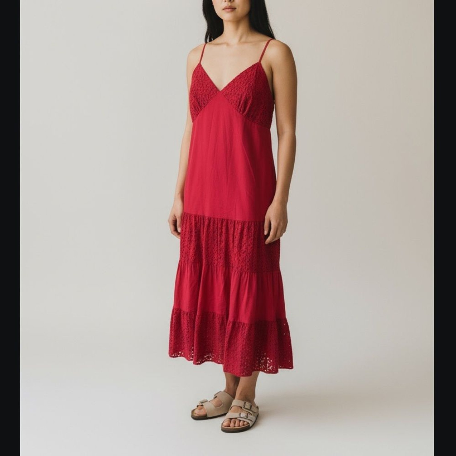 Michael Kors Cotton Spaghetti Strap Eyelet Ruffle Midi Dress Red Size 10 NWT