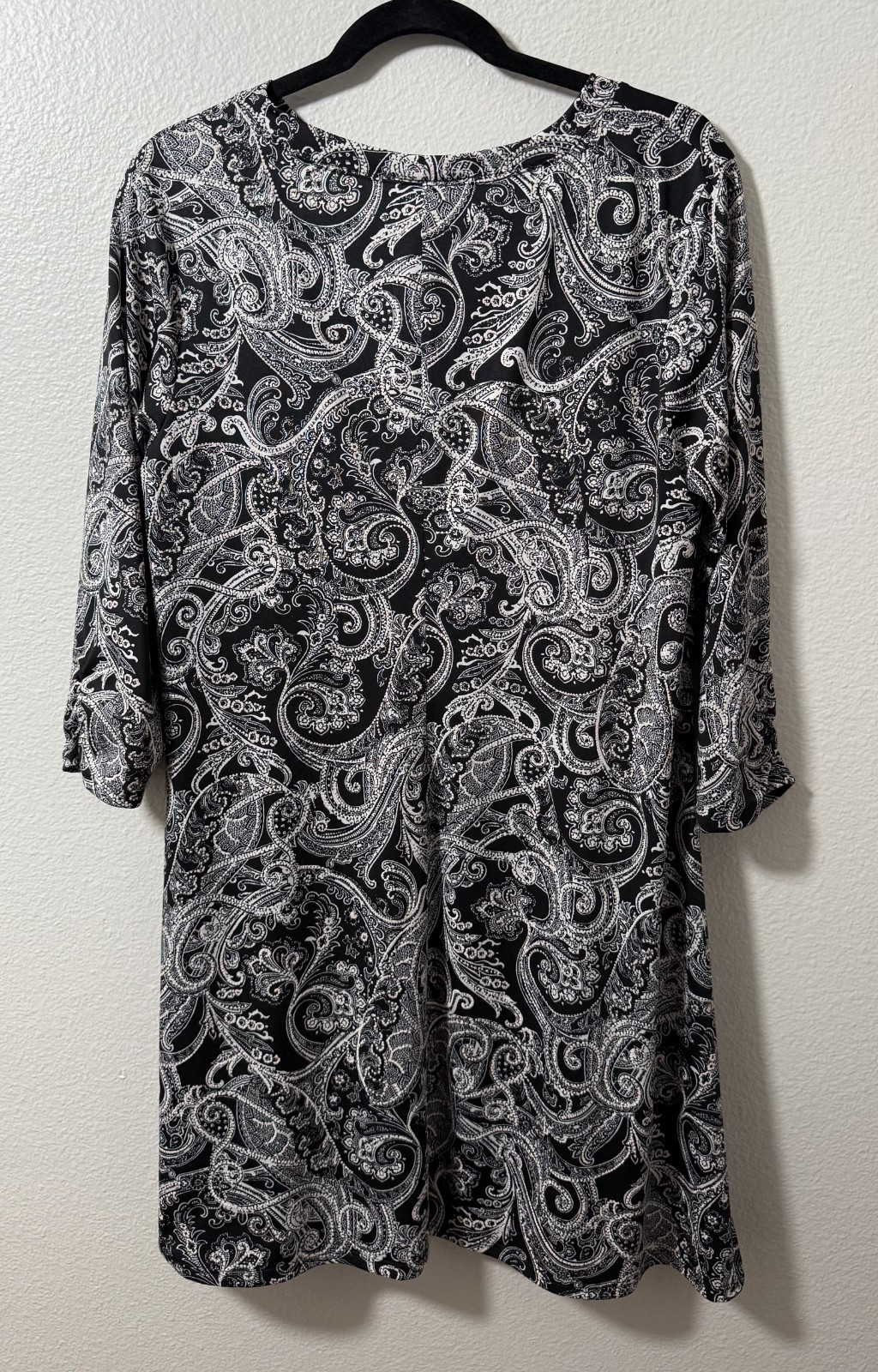 Apt 9 L Black White Paisley Shift Dress High Neck 3/4 Sleeve Pockets Modern Chic