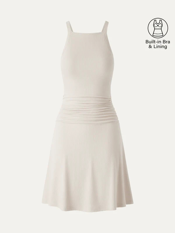 Women’s Square Neck Mini Dress Built In Bra Stretch Casual Dress, Beige,Freeship