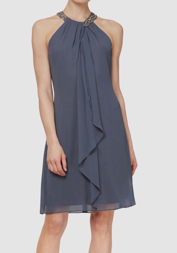 SLNY Women’s Gray Beaded Lined Ruffle Halter A-Line Dress Size 10