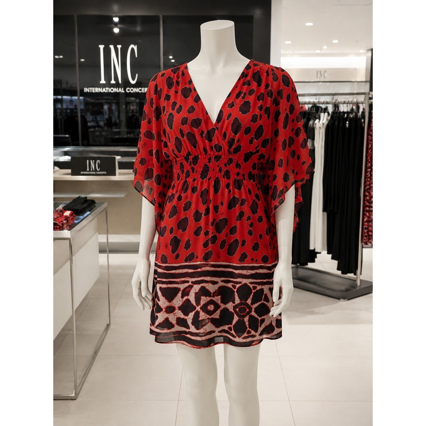 INC International Concepts Red Animal Print Kimono Sleeve Faux Wrap Dress Size 4