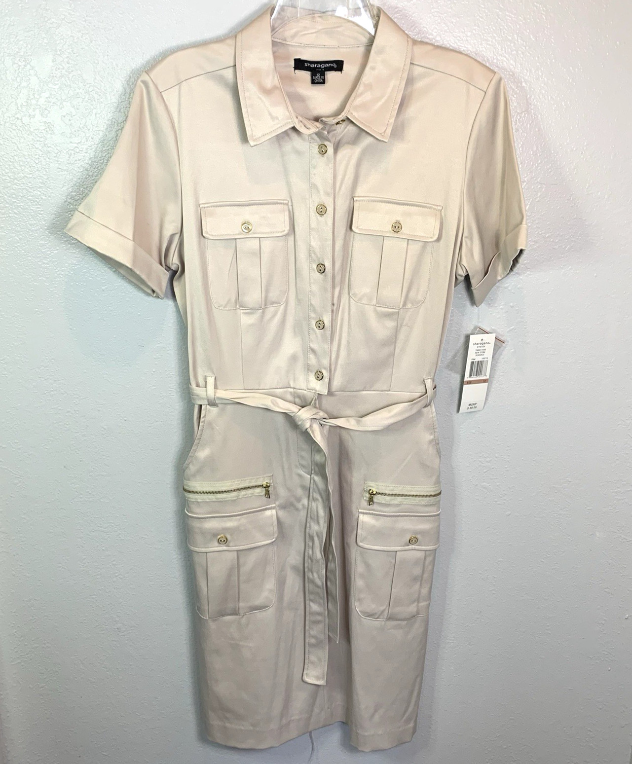 Sharagano Shirt Dress Womens Sz 12 Beige Belted Preppy Classic Stretch Military