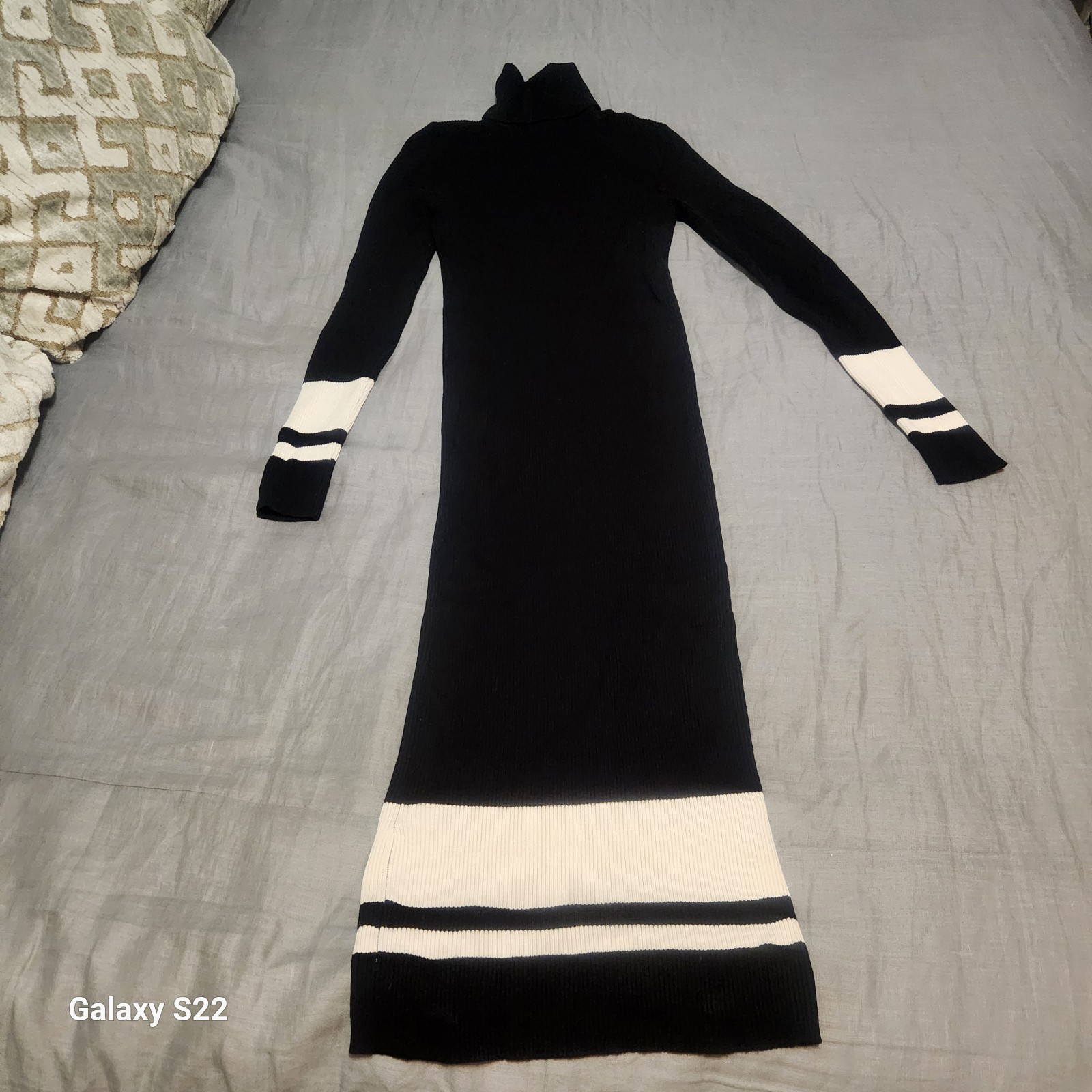 PrettyGuide Black White Striped Turtleneck Long Sleeve Knit Sweater Dress S