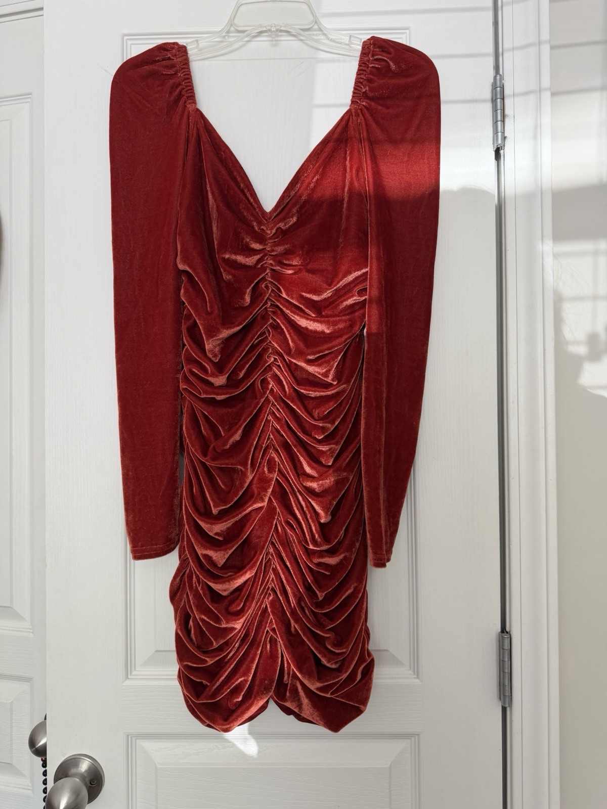 Minkpink orange velvet Long Sleeve mini dress with ruched detailing, size S