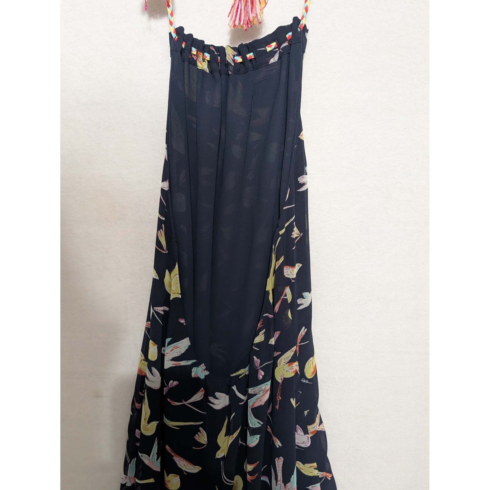 Chelsea & Violet Womens Bird Print Halter Maxi Dress Navy Blue Boho Tassel Small