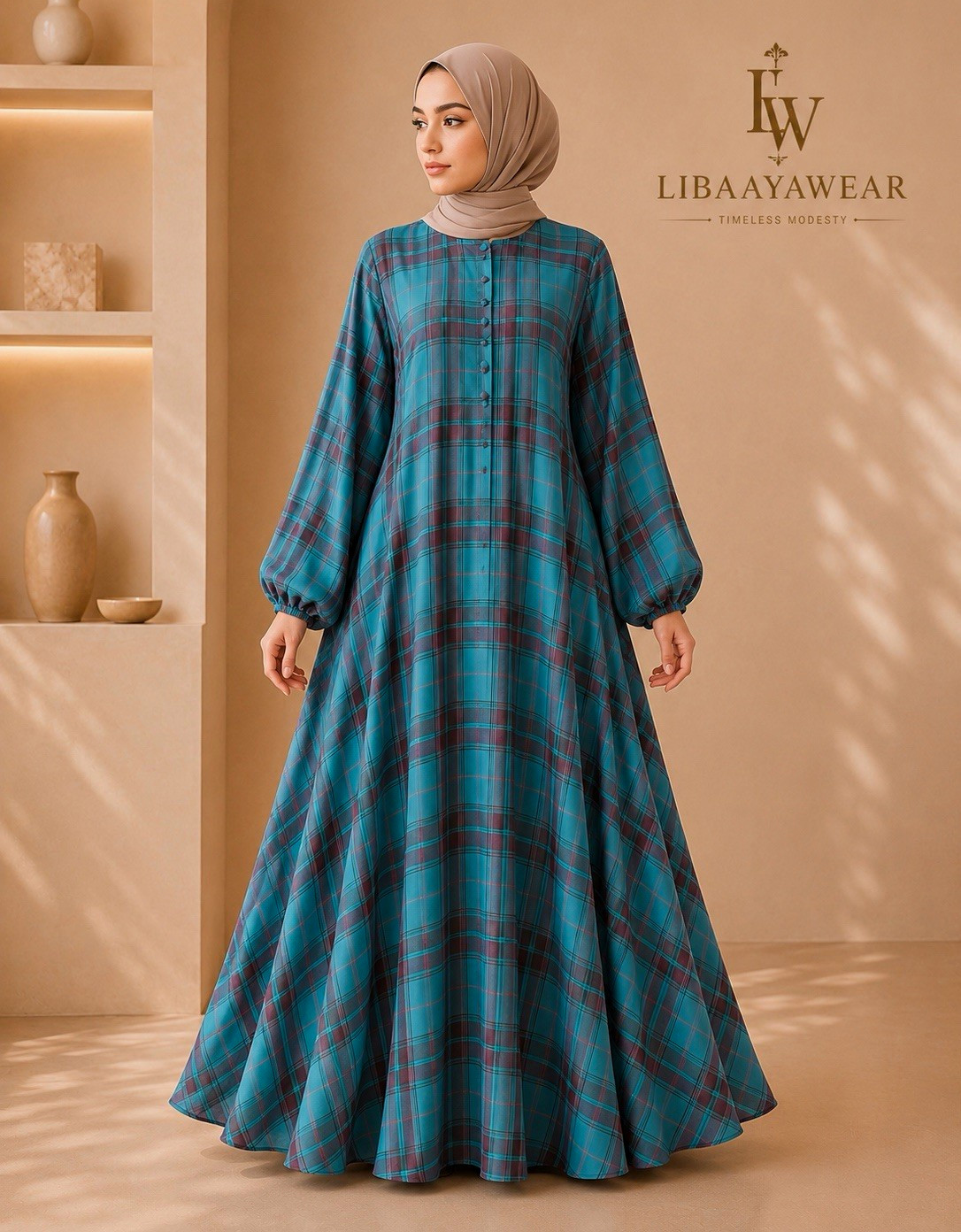 LIBAAYAWEAR Women’s Blue Burgundy Plaid Maxi Dress L Polyester Button Front