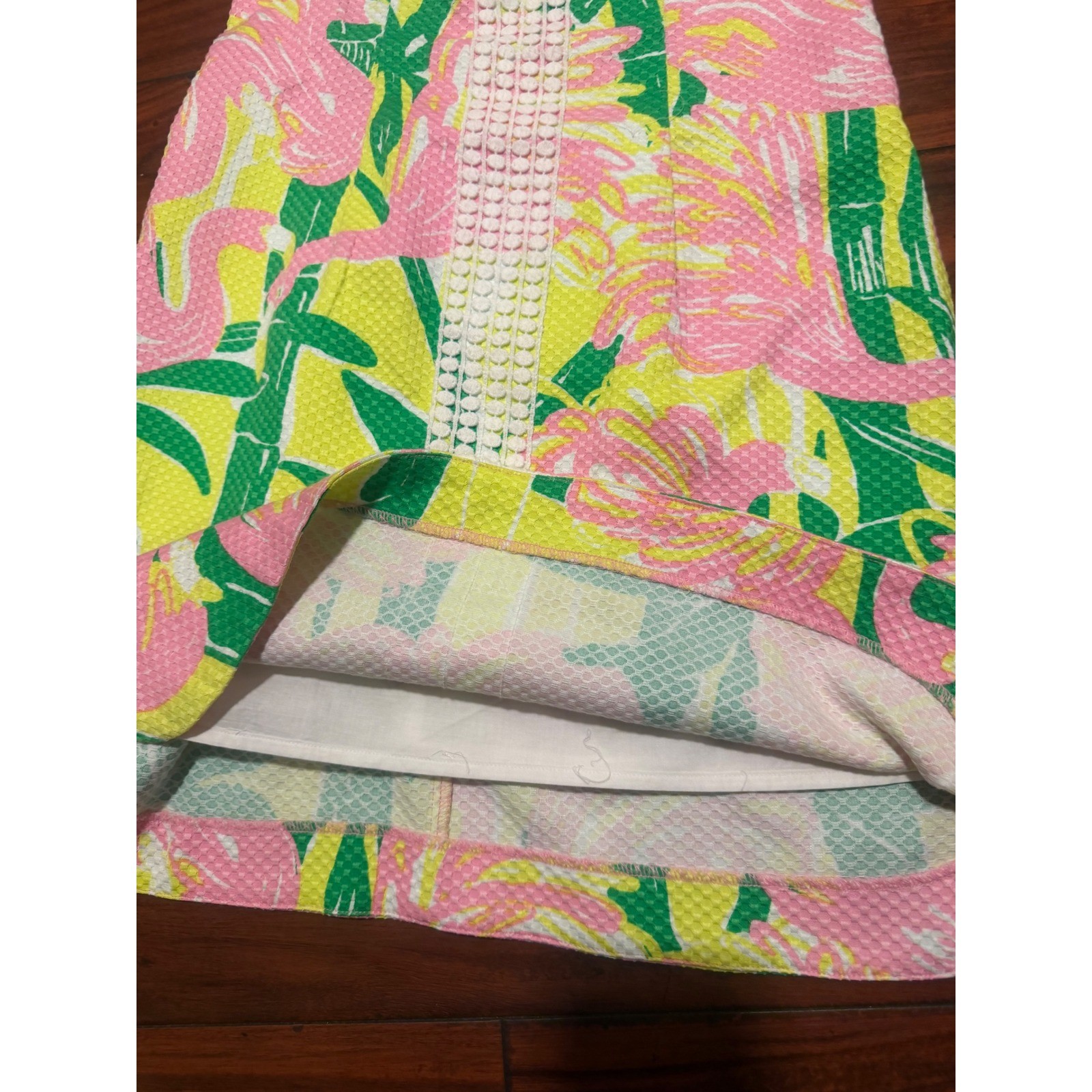 Lilly Pulitzer Flamingo Glee Shift Dress Pink Yellow Green Bamboo Lace Trim 33in