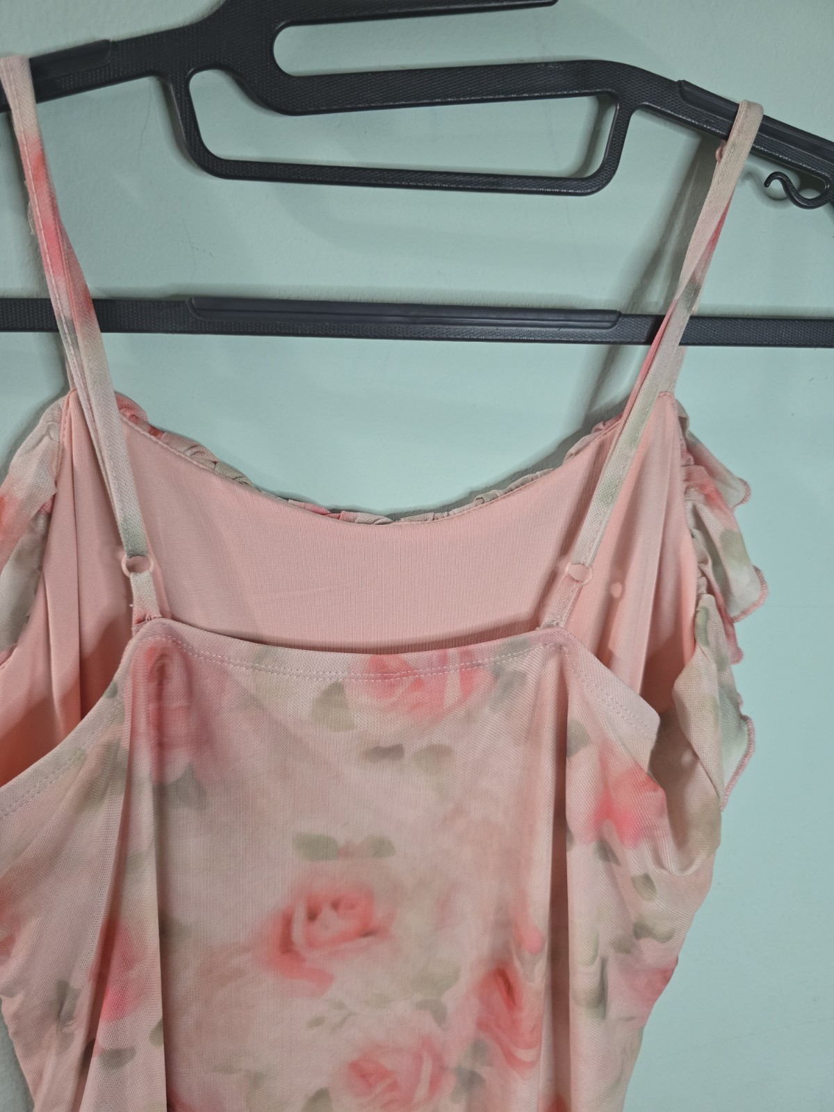 SHEIN Women’s Pink Floral Ruffle Bottom front Slip Midi Dress Size Large NWOT