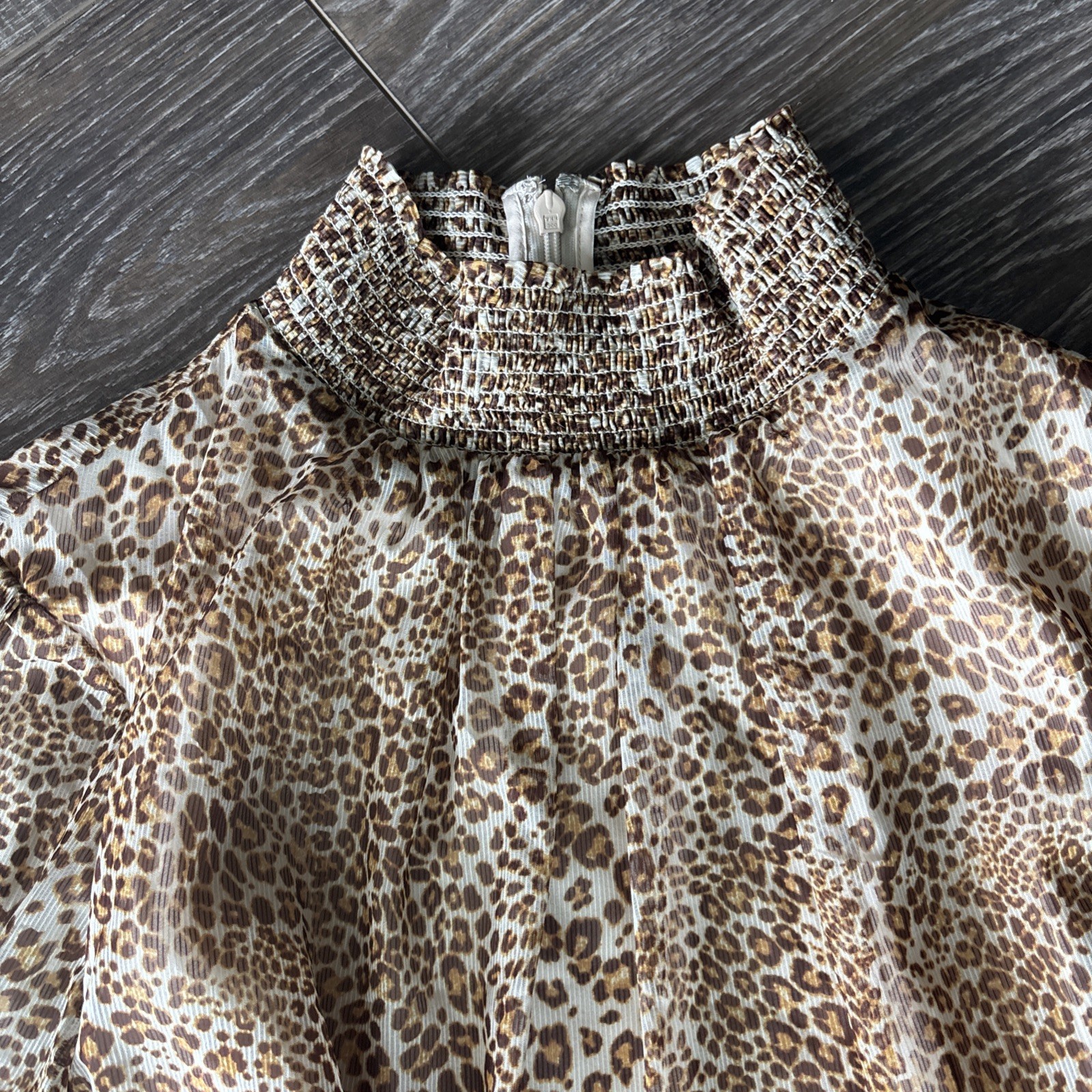 NWT Women’s Alex Marie Size 8 Leopard Print Smocked High Neck Long Sleeve Dress