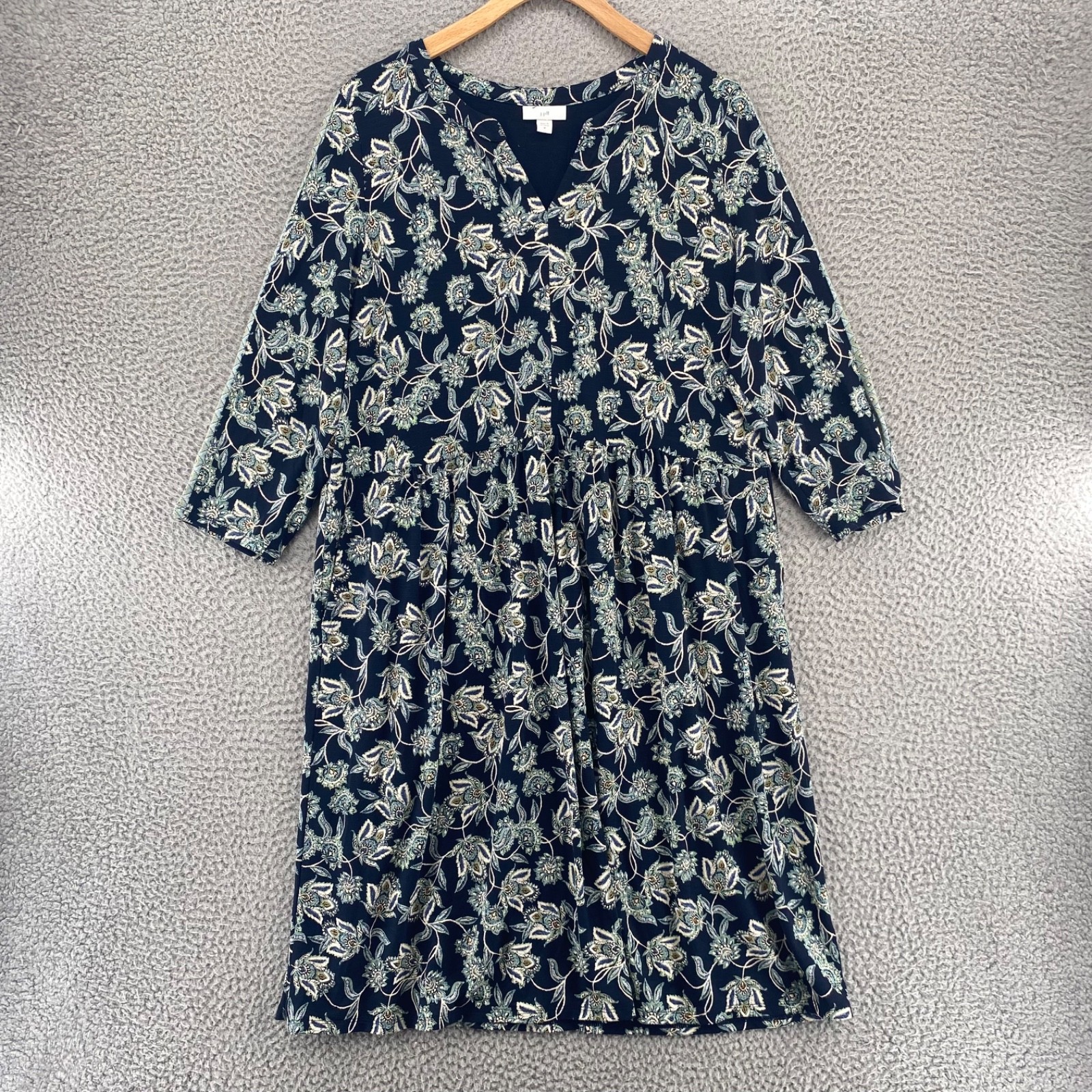 J Jill Dress Womens Medium Navy Floral Empire Waist Notch Neck 3/4 Sleeve Pocket
