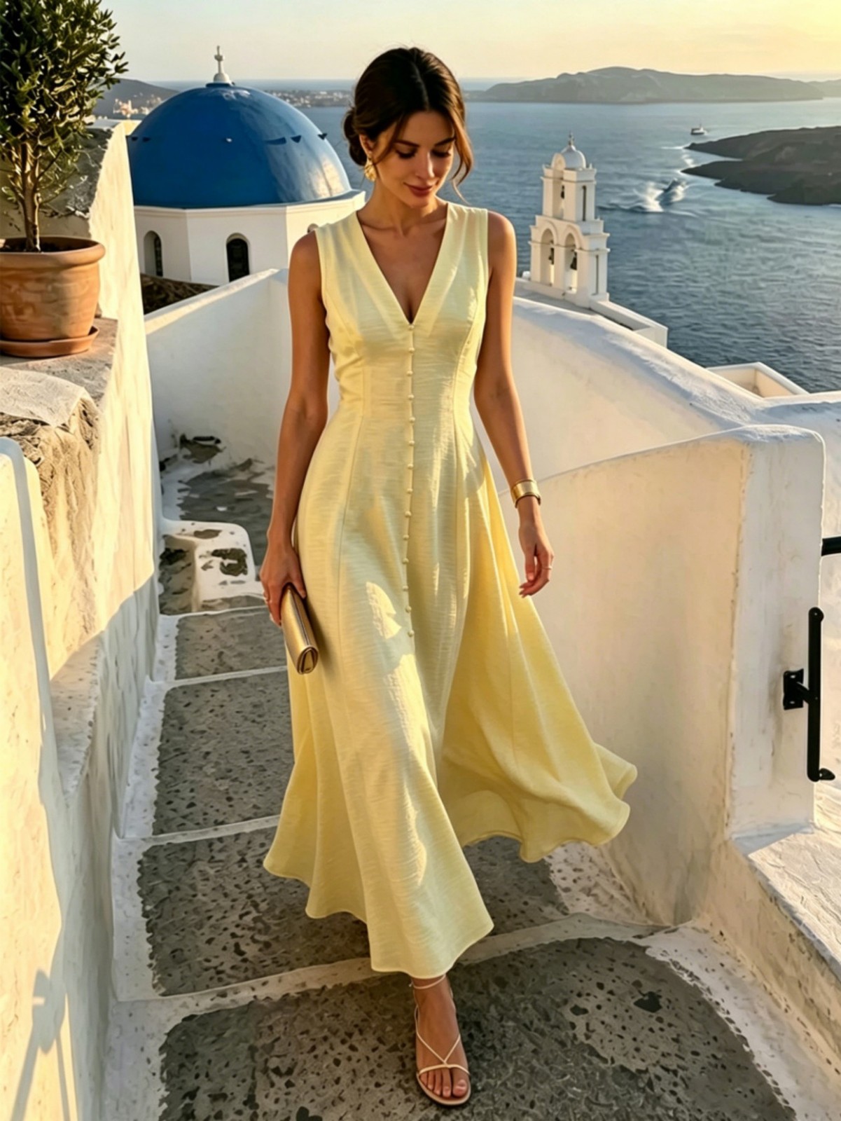 Elegant Ladies Pale Yellow V Neck Maxi Dress