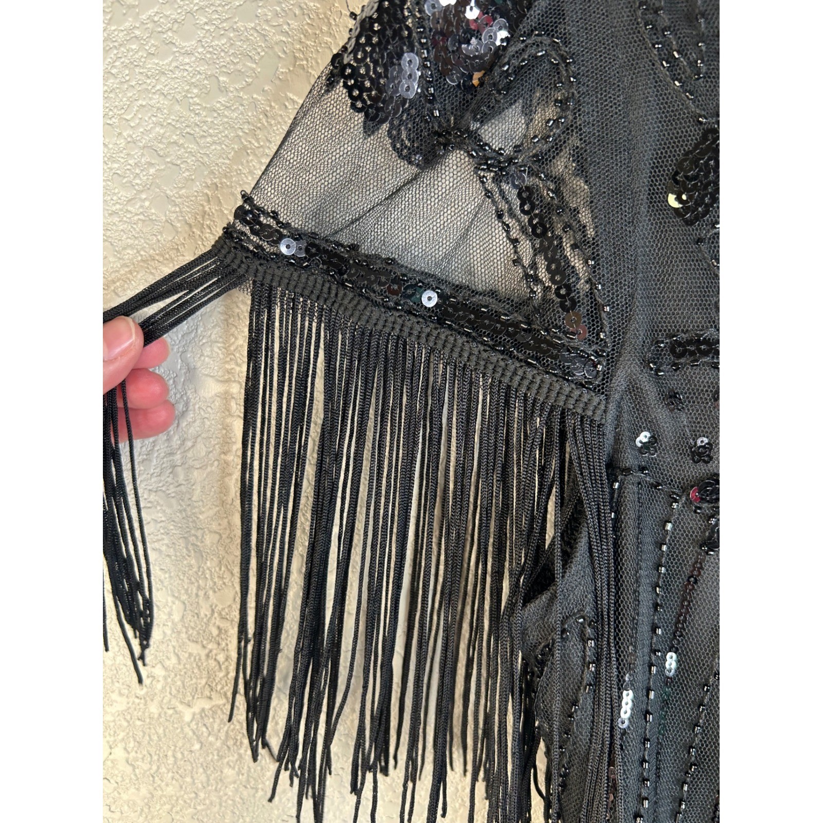 Black Beaded Sequin Fringe Flapper Gatsby Roaring 20’s Vintage Style Dress XL