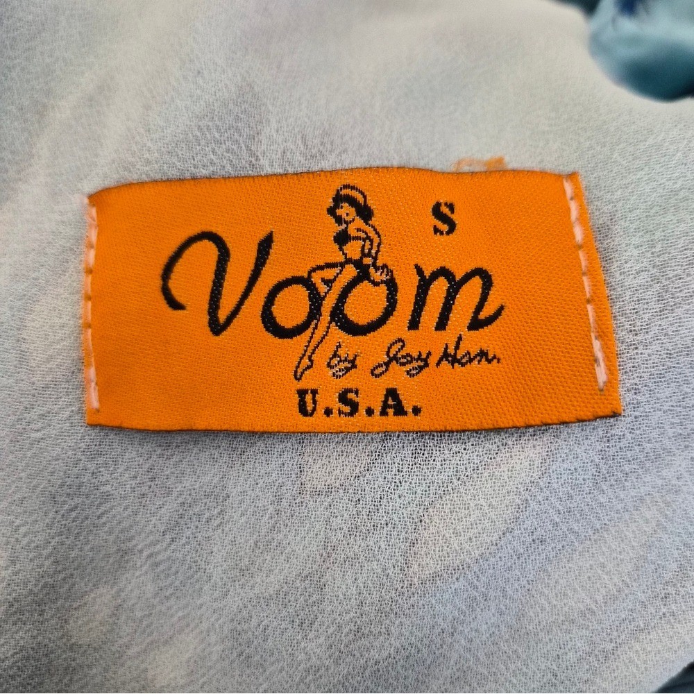 Voom by Joy Han 100% Silk Peacock Dress Size S Blue Puff Sleeve Made USA