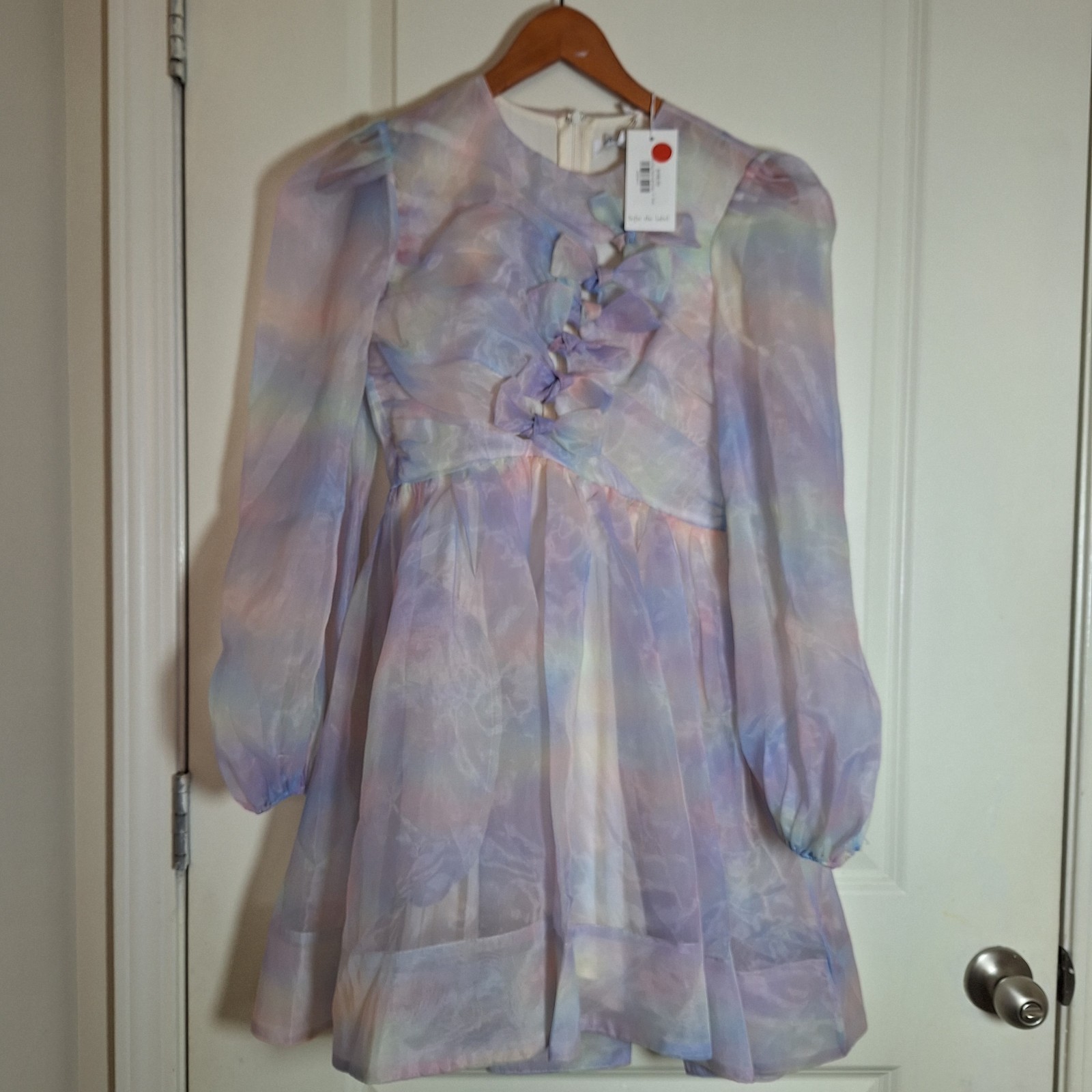 NWT Sofie the Label Pastel Rainbow Organza Mini Dress Puff Sleeve Ruffle Size S