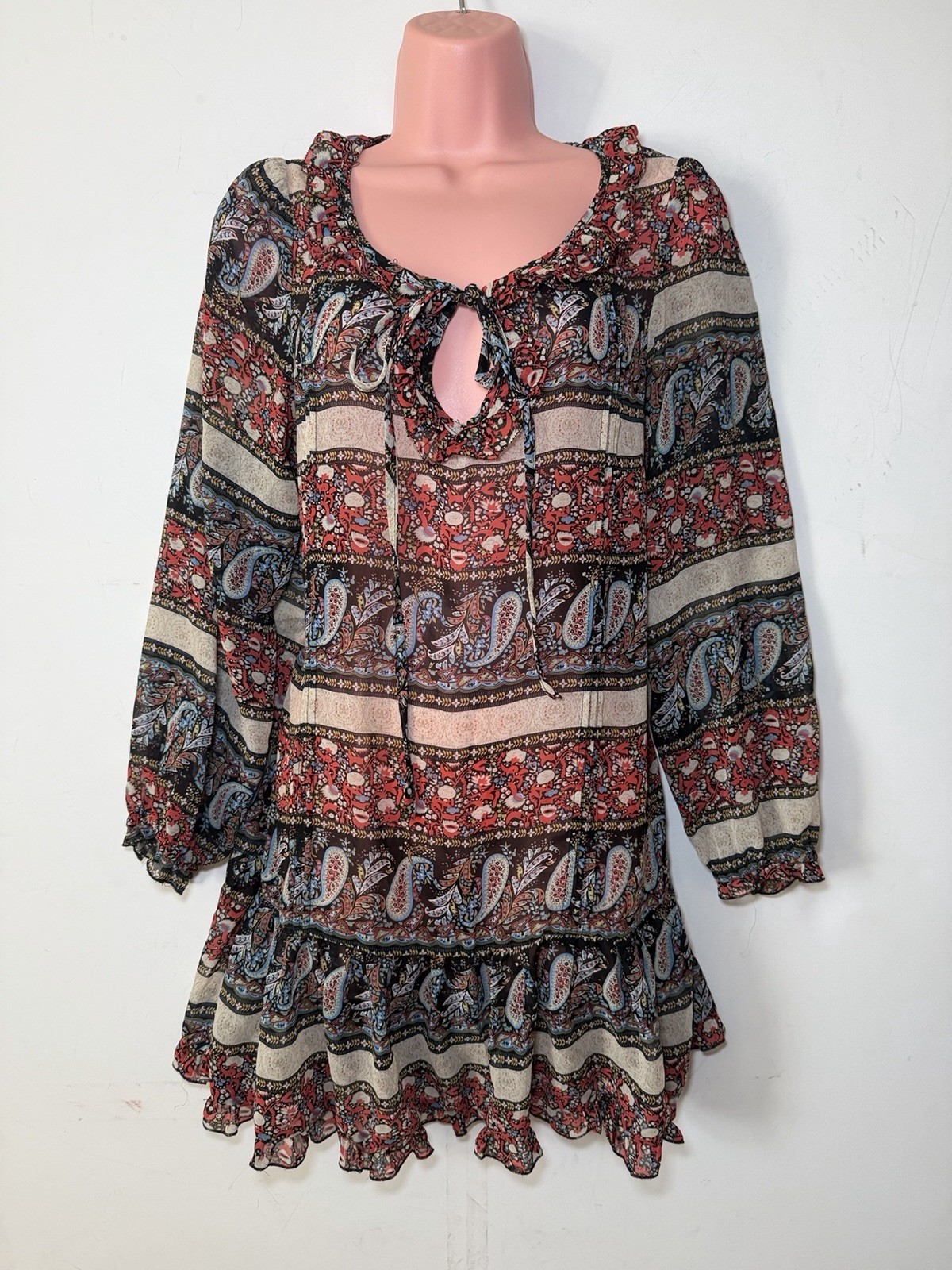 New Look Boho Paisley Print Mini Dress Ruffle Hem Tie Neck Floaty UK 10