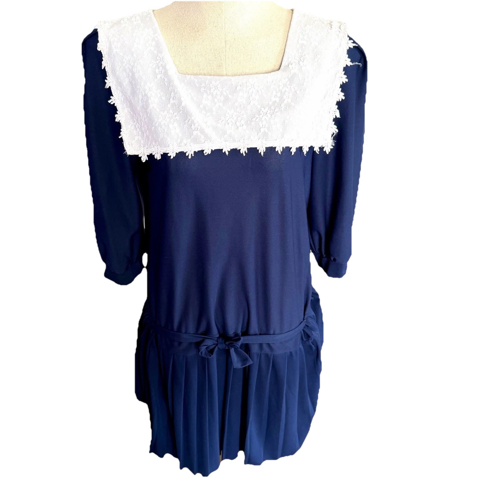 Vintage 90s Lace Sailor Collar Midi Dress Navy Drop Waist Pleated USA Made Sz 11