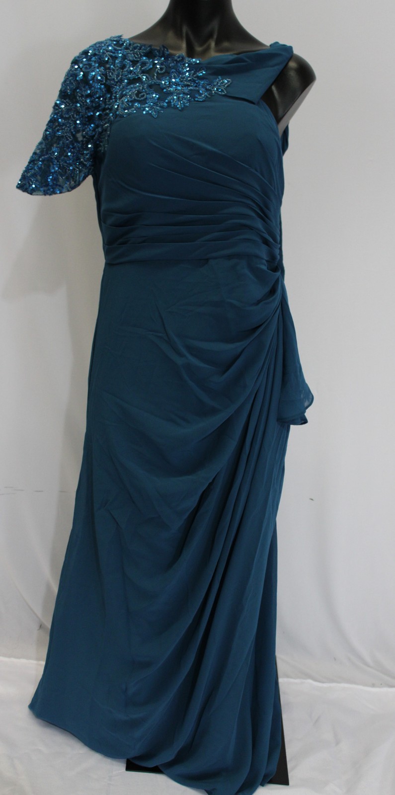 Ryanth Women’s One Shoulder Mermaid Pleated Chiffon Maxi Dress SV3 Peacock 6 NWT