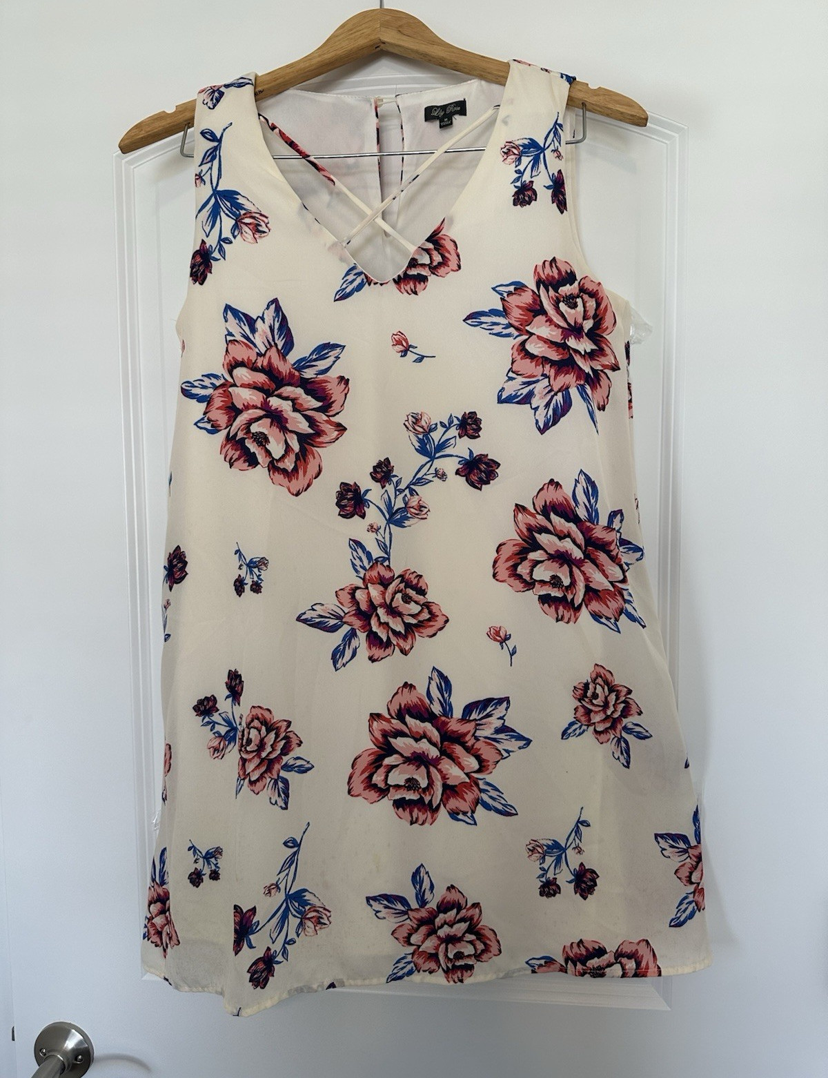 Lily Rose Women’s Cream Floral Sleeveless V-Neck Shift Mini Dress Size M