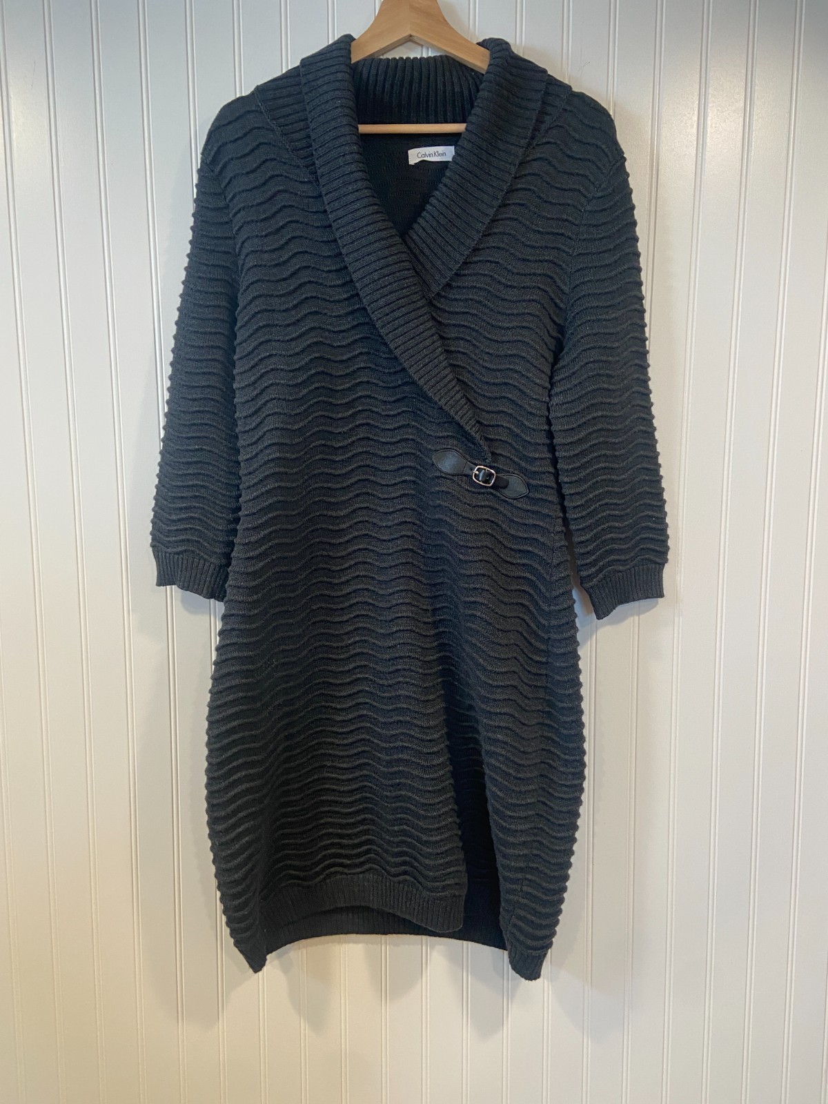 CALVIN KLEIN Sweater Dress SZ LG Shawl Collared Faux Wrap Gray Acrylic/Poly