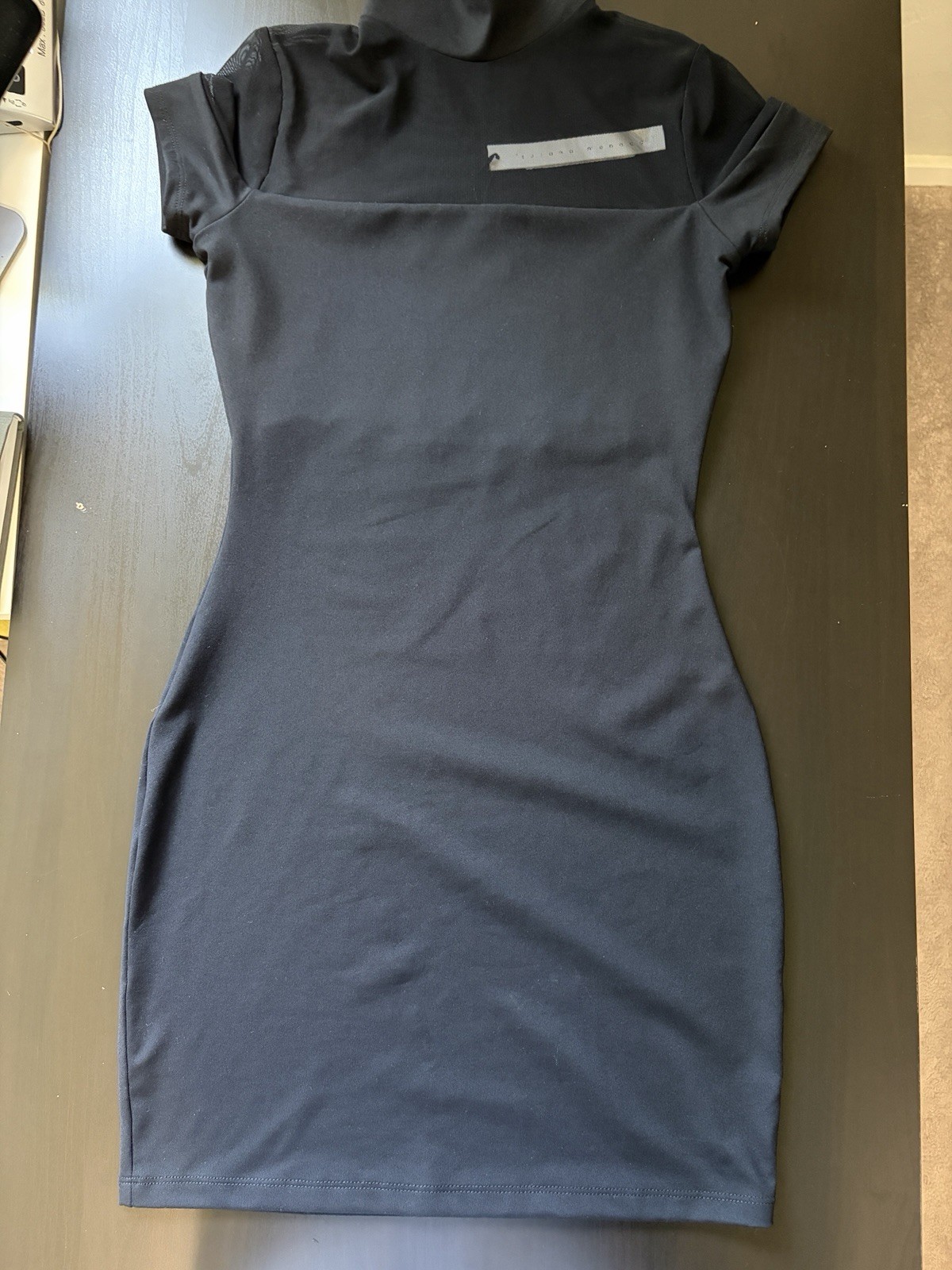 NWT Susana Monaco XS Black Mesh Mock Neck Bodycon Mini Dress Sheer LBD Made USA