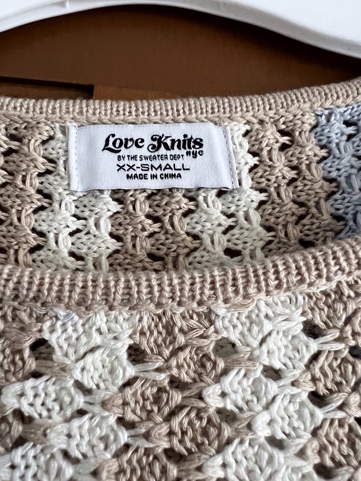 Love Knits Cream, Tan & Blue Striped Crochet Knit Mini Dress Women’s XXS NWT