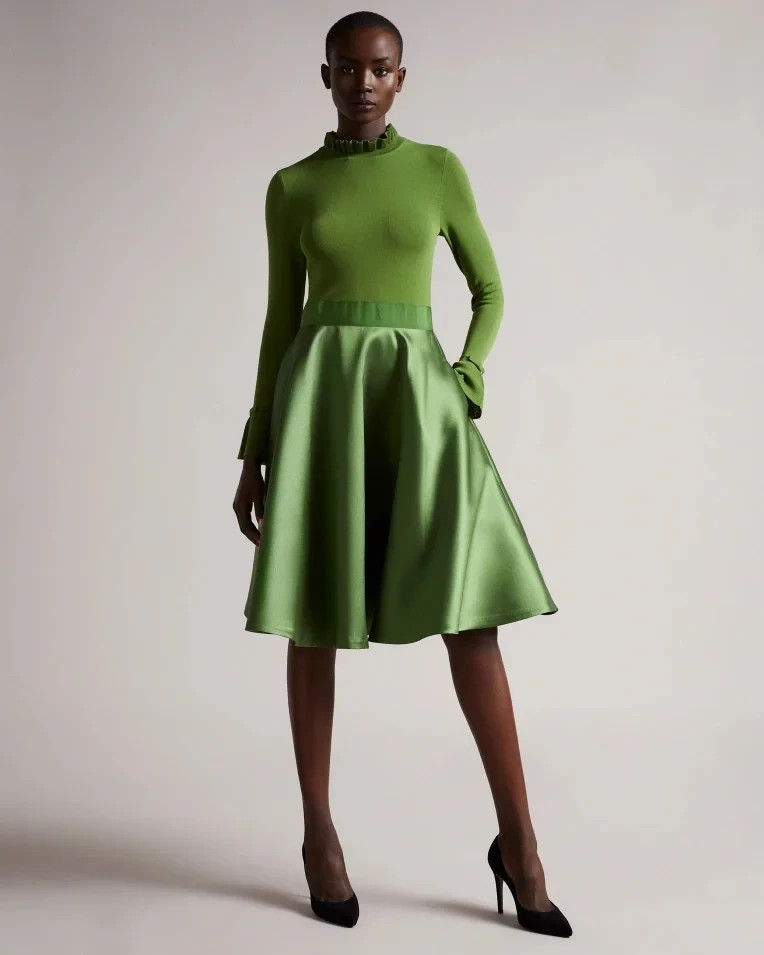 Ted Baker Zadi Knitted Frill Full Skirt Dress Sz 3 /US 8 Green