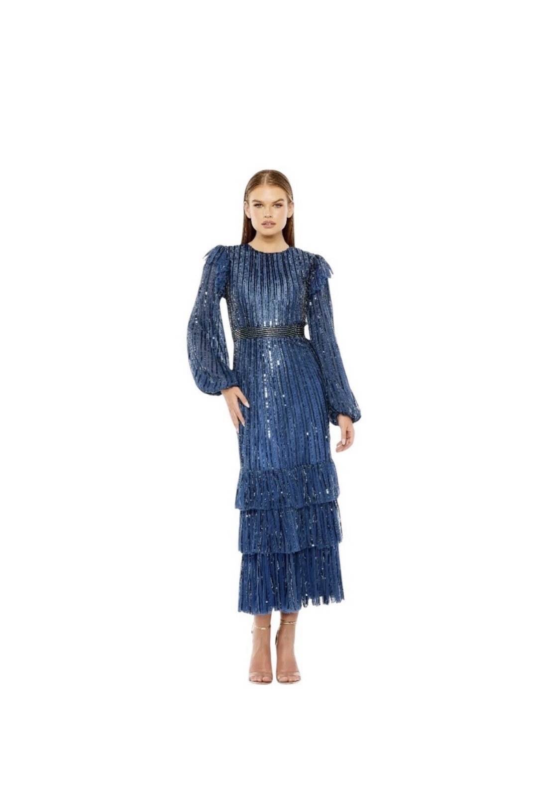 Mac Duggal 23003 Midnight Blue Sequined Tiered Midi Dress Long Sleeve Sz 16 $698
