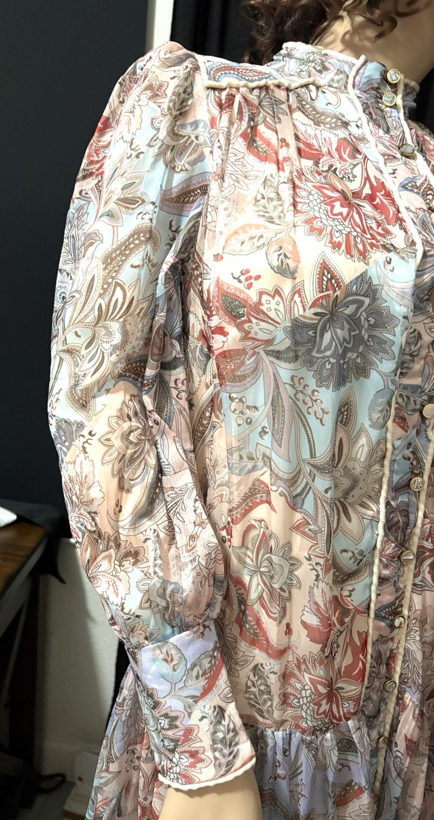 UNKNOWN JACOBEAN PRINT GEORGETTE W/SLIP IVORY, COPPER + MULTI, MAXI DRESS SMALL