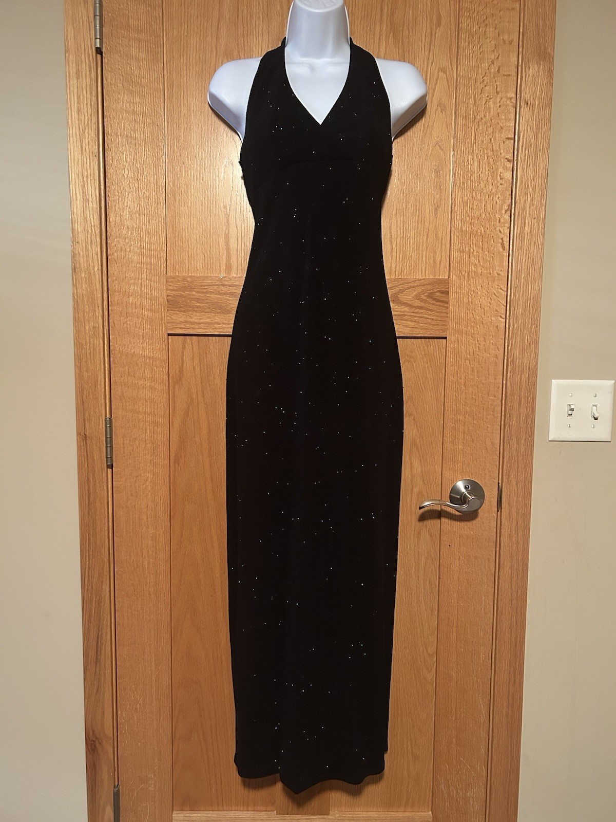 Vintage 90s Y2K City Triangles Classic Black Glitter Halter Maxi Dress Gown S