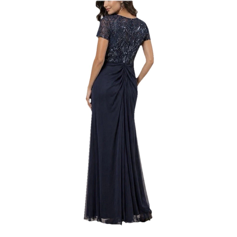 Alex Evenings Navy Blue Sequin Draped Short Sleeve Maxi Dress Size 10 Wedding