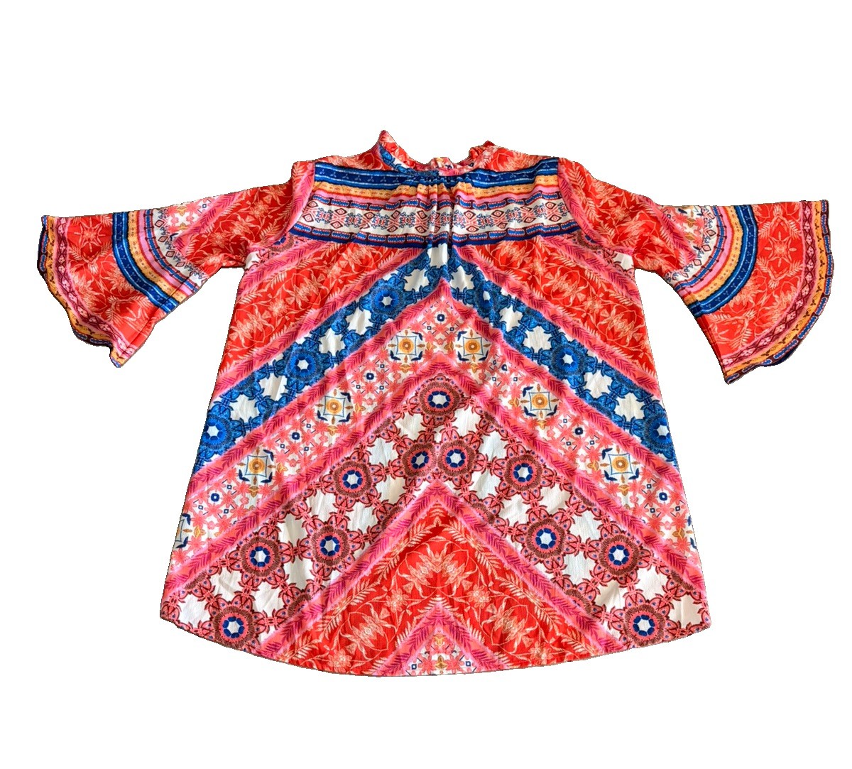 Umgee Orange Multicolor Bohemian Peasant Bell Sleeves Dress/Tunic Keyhole Large
