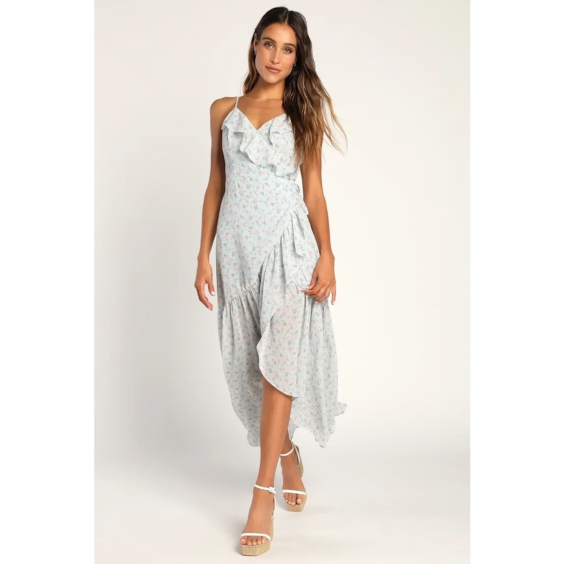 NWT Lulu’s Dainty Delights Light Blue Floral Print Ruffled Wrap Midi Dres SMALL