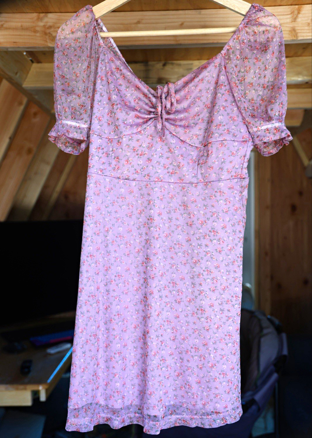 American Eagle Womens S Lavender Floral Mesh Mini Dress Puff Sleeve Lined Y2K
